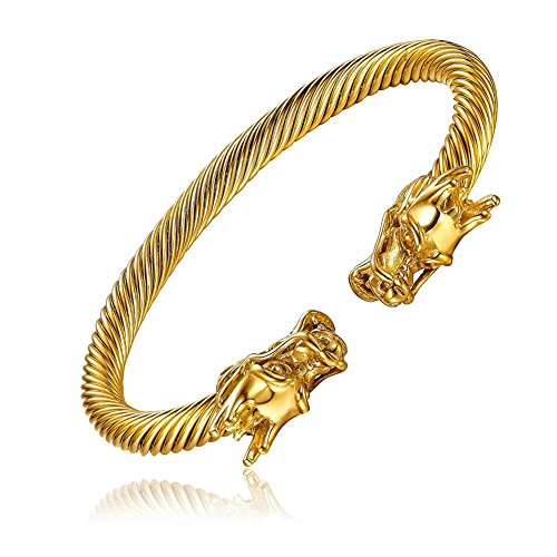 Mens Stainless Steel Gold Tone Adjustable Twisted Cable Cuff Bangle Dragon Bracelet