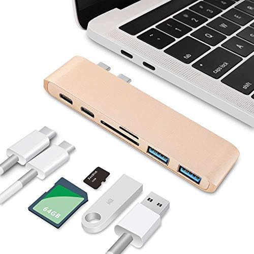 VPrix USB C Hub, Aluminum Type-C Hub Adapter for MacBook Pro 13" and 15" 2016/2017, Thunderbolt 3 Port, USB-C Port, SD and Micro SD/TF Card Reader and 2 USB 3.0 Ports (Gold)