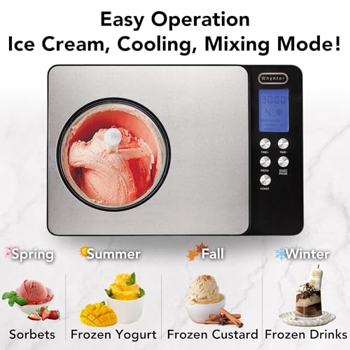Whynter Ice Cream Maker Machine Automatic 2.1 Qt. with Built-In Compressor, LCD Digital Display & Timer, No Pre-Freezing, ICM-200LS, Stainless Steel