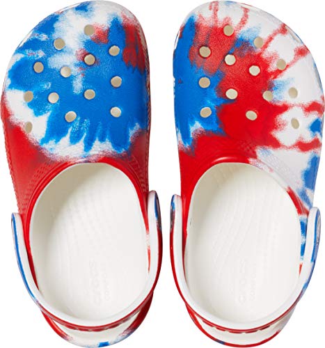 red white blue tie dye crocs