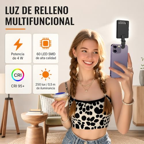 MONSTYLE Luz para Grabar Videos, 60 Led Luz para Celular con Clip | 3 Modos, 10 Niveles De Brillo, Iluminación Ajustable 2500k-9900k, CRI 95+, Selfies, Fotografía, Grabación De Vídeo