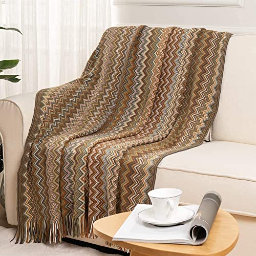 Arabest Bohemian Throw Blankets, Soft Cozy Lightweight Knitted Throw Blankets with Tassels, Fall Throw Blanket for Couch Decorative Throw Blankets, Bed, Sofa, All Seasons (127x152cm, yellow)