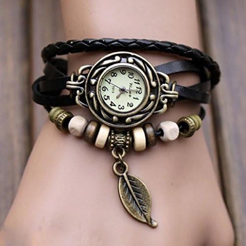 Women Vintage Black Weave Bracelet Leaf Ninasill Quartz Leather Watch