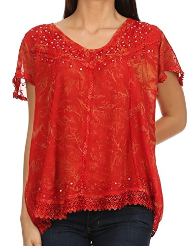 Sakkas Hope Embroidered Summer Blouse – Rayon, Sheer Cap Sleeves, Relaxed Fit With Sequin Accents (One Size & Plus Size)