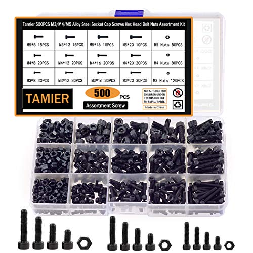 Tamier 500PCS M3/M4/M5 Alloy Steel Socket Cap Screws Hex Head Bolt Nuts Assortment Kit