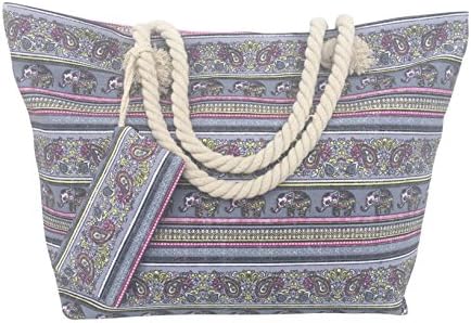 Baja Aztec Style or Aztec Elephant Canvas Beach Tote Shopping Fashion Bag W/ Zipper Closure (Grey/Pink Elephant)