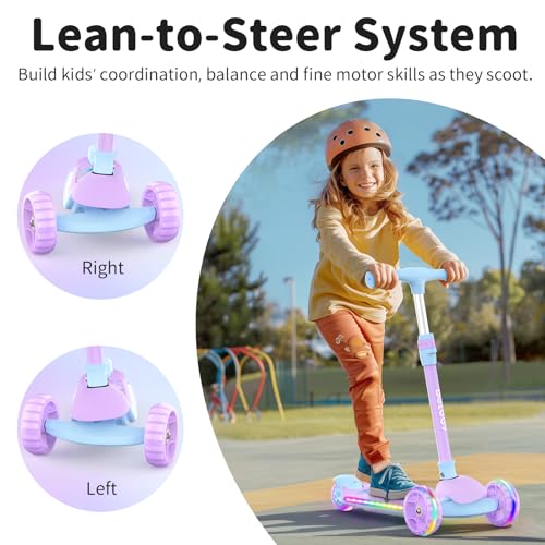 BELEEV A9 Kids Scooter with LED Light-Up Wheels & Deck, 3 Wheel Foldable Kick Scooter for Toddlers Boys Girls Ages 3-12, Adjustable Handlebar, Lean-to-Steer, Extra-Wide Wheels