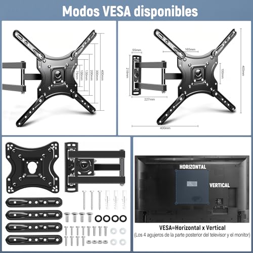Soporte de TV, Base para Television Pared para Pantallas de 14”a 55”, TV Mount de Articulado Inclinable y Giratorio, Porta Television Movible,Universal Soporte hasta 25 kg, MAX VESA 400x400mm