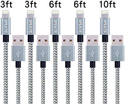 SPEATE,IPhone Charger Cable Extra Long Nylon Braid Lightning Cord Charger Cable Compatible with iPhone 7/ 7 Plus/6/6s/6 plus/6s plus/ 5s/5c,iPad, iPod and More (Gray+silver)