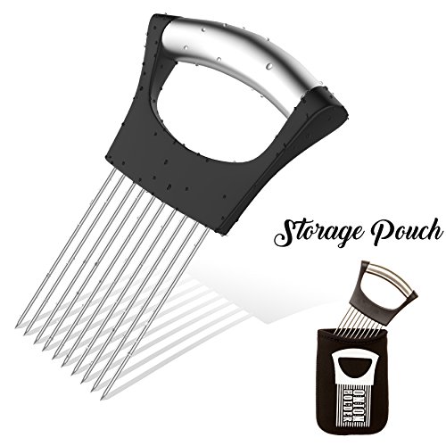 Onion Holder For Slicing | STORAGE POUCH INCLUDED | Vegetable Potato Cutter Slicer | FULL GRIP HANDLE | Odor Eliminator | Stainless Steel Cutting Kitchen Gadget | Onion Peeler | Onion Storage