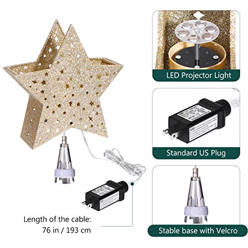 YUNLIGHTS Lighted Christmas Tree Toppers with Rotating Star Projector, Gold Glittered 5 Point