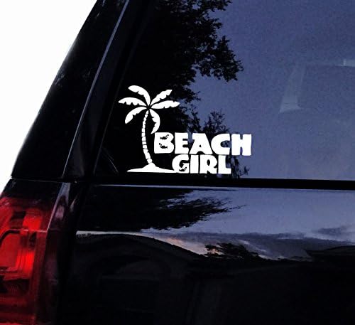 Tropical Beach Girl Fish Accents Vinyl Decal Laptop Car Window Wall Decor Sticker (7", White)