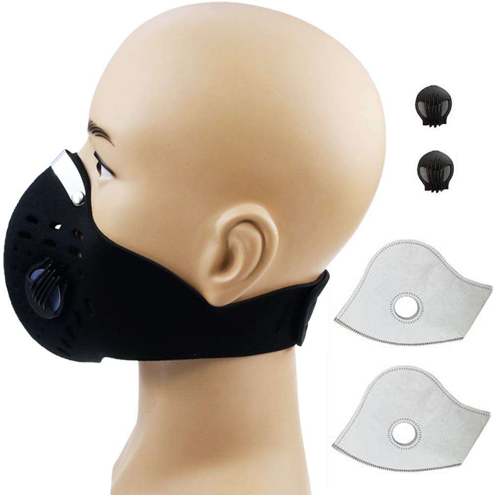 Activated Carbon Dustproof Dust Mask Filtration Exhaust Gas PM2.5 with 2 Valves 2 N99 Activated Carbon Filters for Running Cycling Outdoor Activities (Deep Black)