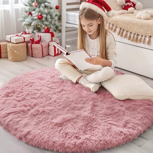 Homaxy Hochflor Flauschig Teppich Anti-Rutsch Unterseite Waschbar Groß Teppiche Mädchen fürs Wohnzimmer, Kinderzimmer, Schlafzimmer - 200 cm Rund, Ros