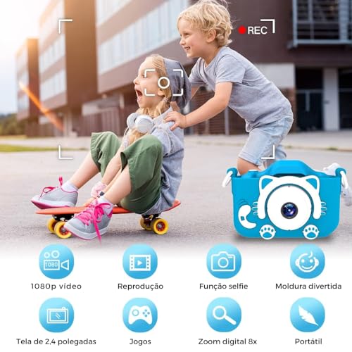 Câmera Digital Infantil Portátil – Recarregável, Com Tela LCD, Jogos e Vídeo HD – Presente Criativo para Crianças de 4 a 12 Anos – Antichoque, Fácil de Usar (Azul)