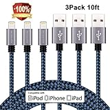 Sundix iphone Charger 3 Pack 10ft Nylon Braided Lightning Cable Extra Long Charging Cord for iPhone X 8 8plus 7 7Plus 6 6s Plus 5 5s 5c SE iPad iPod & More(Blueblack)