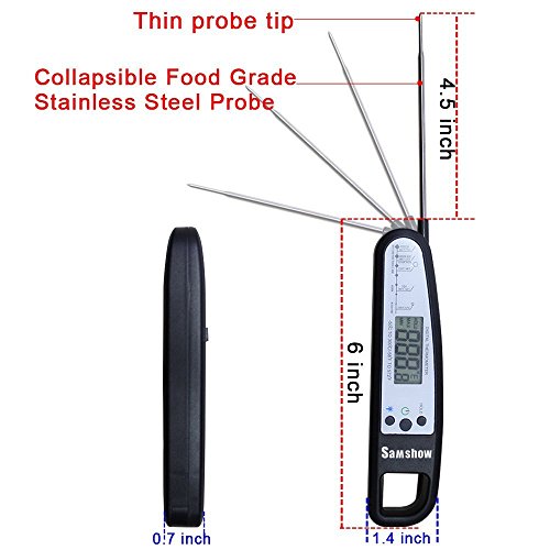 Samshow Digital Instant Read Thermometer with Back Light, Cooking Food Meat Thermometer, LED Screen, Collapsible Internal Probe for Kitchen BBQ Grill Smoker, Magnet Back, Battery Included(Black)
