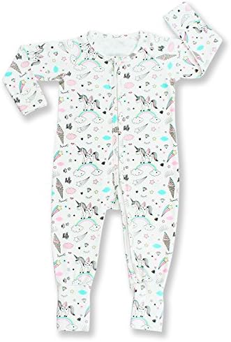 Pajammie Zipsuits Unisex Baby Bamboo and Organic Cotton Romper Footie with 2-way zip (Newborn, Unicorns)
