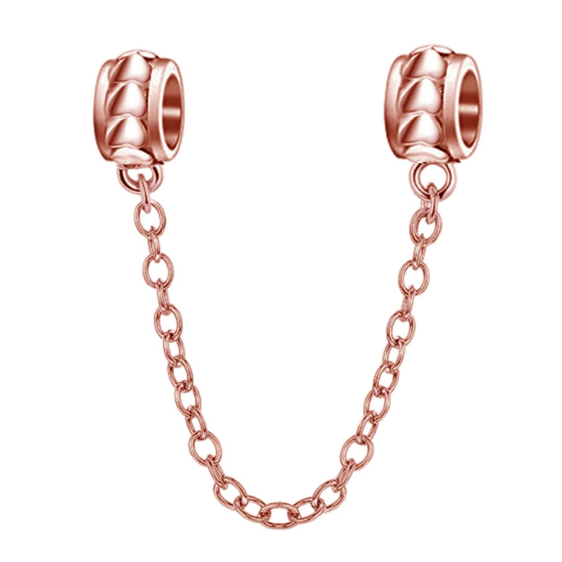 925 Sterling Silver Heart Charm Chain Charm Clasp Safety Clip Stopper Charm Spacer Charm Anniversary Charm Birthday Charm for Pandora Charms Bracelet (Rose-Gold Plated)