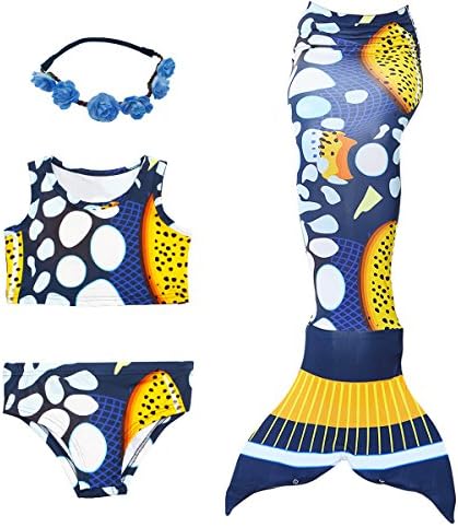 AiMiNa 3pcs Swimmable Mermaid Tail for Kids Girls Princess Bikini Set Swimsuit Swimwear Set for 4-12 Years (Purple)