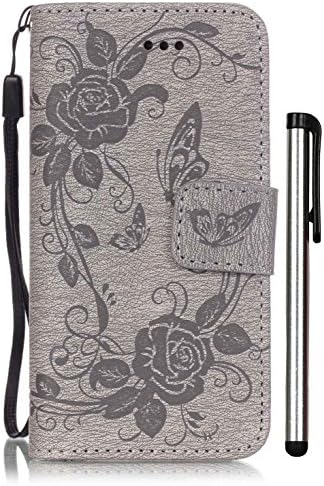 iPhone 5s Phone Cases for Girls iPhone 5se Apple Case iPhone 5 Case Luxury Grey Leather Wallet Full Body Book Cover with Stand 3 Credit Card Holders 1 Cash Slot Wrist Strap Embossed Butterfly Flower
