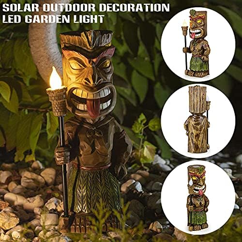 Solar-powered tiki torch in a garden setting, priced at $18.99 as of August 9, 2023.