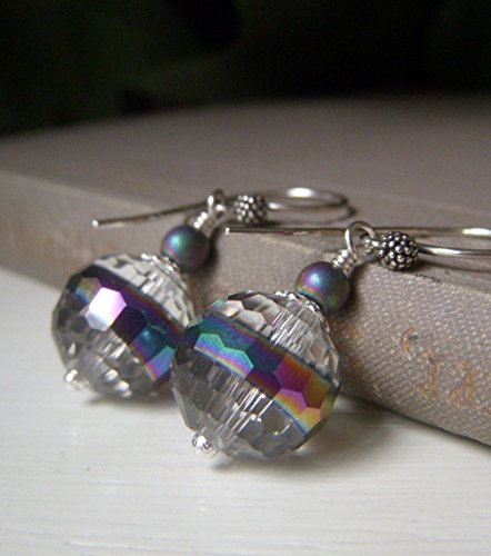 Iridescent Glass Crystal Earrings, Rainbow Finish, Clear Dangle, Disco Ball, Sterling Silver