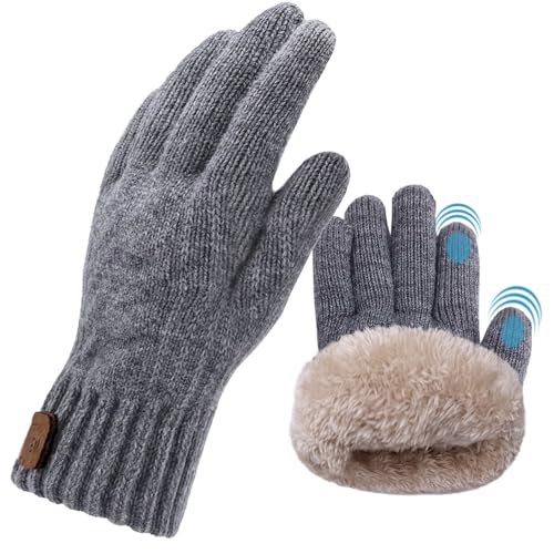 Lifwimner Handschuhe Herren Winter, Warme Winterhandschuhe Damen Fleece Strickhandschuhe Touchscreen Thermo Für Outdoor Sport Laufen Radfahren Freizeit Ski Reithandschuhe(Grau)