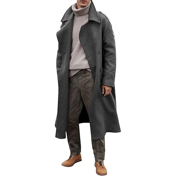 Retro Blends Winter Coat Men Long Trench Casual Brown Warm Wool