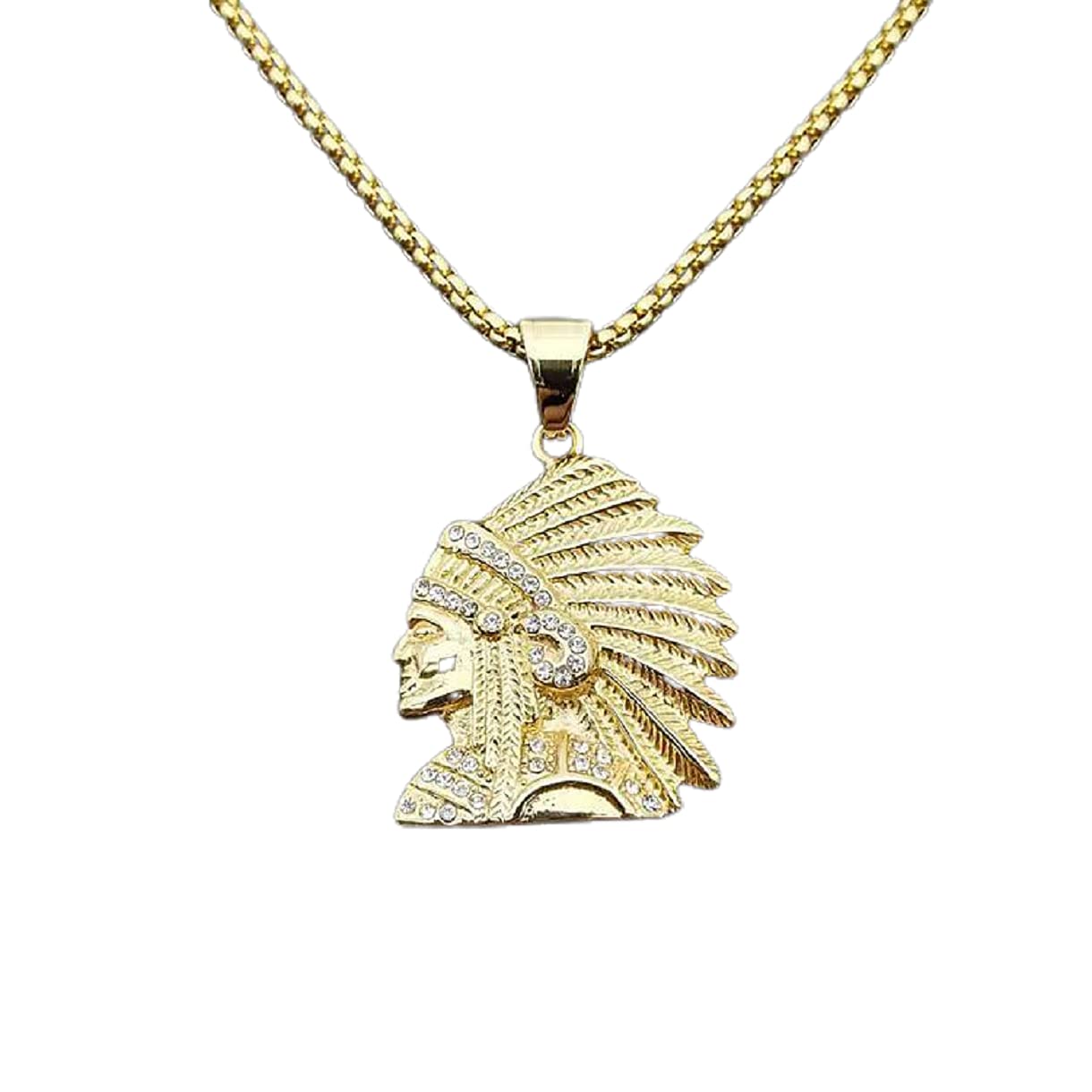 MayiaHey Native American Indian Chief Head Necklace for Men, Stainless Steel Iced Out Indian Chief Head Gold Necklace Retro Tribal Chief Head Pendant Necklace