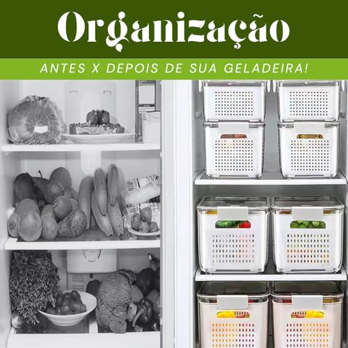 Kit 3 Potes Organizadores de Geladeira Hermético com Trava nas Tampas Borracha Isolante e Cesto de Escorrer Removível - Organizador de Frutas Legumes Saladas - Sem BPA - Qualidade Premium - Shop100