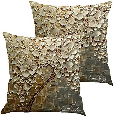 MHB Oil Painting Brown Large Tree and White Flower Linen Throw Pillow Covers 18 x18 Inch Pack of 2 (Multicolor)