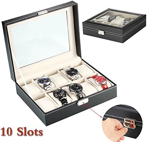 MallMall Premium Watch Slots Collection Box Leather Display Case Organizer Top Glass Storage Boxes Lockable Watch Case (10 Slots)