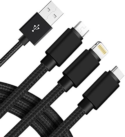 Multi USB Cable, Wim 3 in 1 Lightning Cable Micro USB Cable Type C Cable Nylon Braided Fast Charging Data Transmission Cable for iPhone Android Phone USB C Devices 3ft (Black)