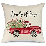 AENEY Valentines Pillow Cover 18x18 for Couch Red Truck Rose Hot Love Flower Happy Valentine's Day Decorations Throw Pillow Home Decor Pillowcase Faux Linen Cushion Case Sofa A181