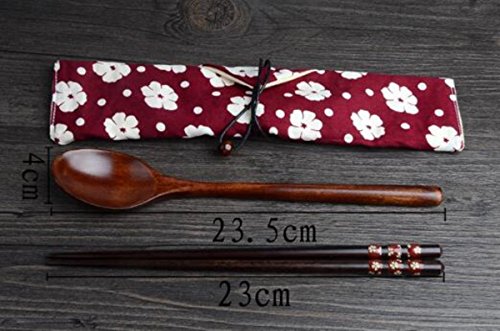 Exquisite and Environmental Wood Spoon Chopsticks Cutlery Set with Cloth Carry Bag Red - //coolthings.us