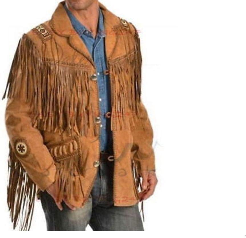 Native American Cowboy Fringed Wear Jackets Coats Mens Style Suede Fringe Winter Coat Wear Winter Shirt,Clothing, Beaded Western Leather Jacket for Sale GCj01