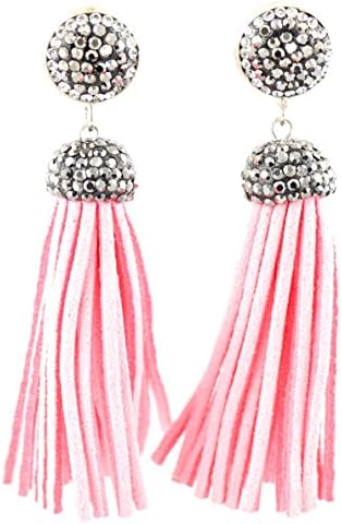 NEW Big Bold Beautiful High End Fashion Tassel Rhinestone Drop Dangle Druzy CZ Stud Earrings | 28 Designs (Soft Pink Suede)