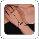 Xduargs Boho Black CZ Finger Ring Bracelet Black Crystal Hand Harness Chain Bracelet Vintage Onyx Slave Chain Hand Bracelet Adjustable Slave Chain Bracelet Jewelry for Women