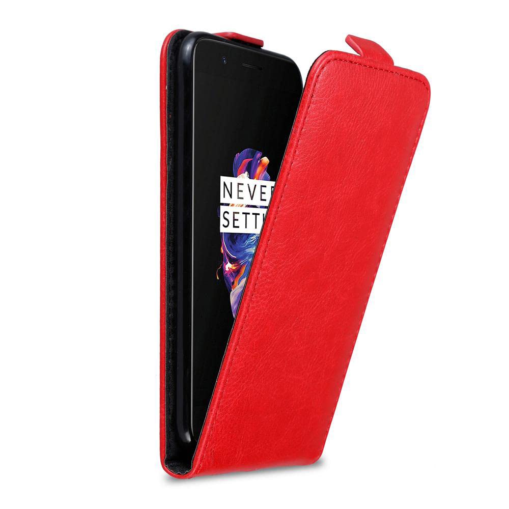 cadorabo Case works with OnePlus 5 in APPLE RED - Flip Style Case with Magnetic Closure - Wallet Etui Cover Pouch PU Leather Flip