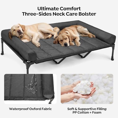 Veehoo Elevated Dog Bed, Lifted Dog Ded Add Waterproof Removable Pillow-Top Mat, Raised Pet Cot with Breathable Mesh, No-Slip Feet, Bolster Dog Cot Bed for Indoor & Outdoor, 150 x 95 cm, Black