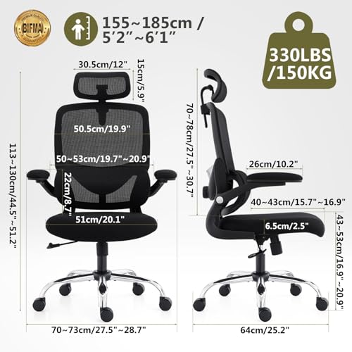 TONFARY Ergonomic Home Office Chair, High Back Mesh Desk Chair with Adjustable Lumbar Support, Flip-up Armrest, Removable Headrest, Swivel Computer Gaming Chair, Space Saving, 150KG (Black)
