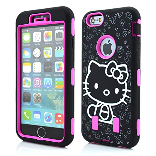 LliVEER New Unique 3in1 Hybrid Camouflage Camo Tree Print Defender Hello Kitty Hard Shell Case Rubber Silicone Cover For iPhone 6 Plus 5.5'' Black/Hot Pink