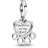 EZ Tuxedo Heart and Paw Prints Dangle Charms 925 Sterling Silver Pendants for Bracelets