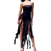 Sexy Strapless Mesh Sheer Dress for Women Irregular Ruffle Rim Split Thigh Bodysuit Dresses