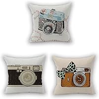 Nunubee Flax Pillowcases Throw Pillows Cushion Covers Home Decor (18x18 Inch, Camera 3pcs)