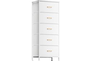 YILQQPER Tall Dresser with 5 Drawers, White Dresser for Bedroom, Tall Storage Tower for Closet, Nursery, Dorm, Organizer with Sturdy Steel Frame, Fabric Bins, Leather Finish, Wood Top, White
