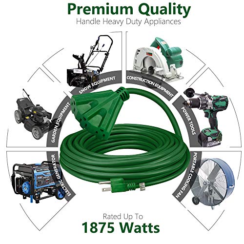 Kasonic 50 Ft Extension Cord with 3 Outlets, UL Listed; 16/3 SJTW; 3-Wire Grounded; 13A 125V 1625W; for Indoor/Outdoor Use - Green