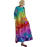 Akivide Womens Casual Loose 3/4 Sleeve Cotton Boho Floral Maxi Dresses Oversized Round Neck Long Maxi Fall Swing Dress