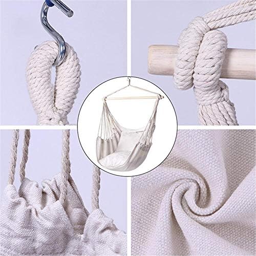 blendivt White Striped Cotton Canvas Hanging Chai Small Cotton Rope Porch Swing Handmade Knitted Hanging Swing Chair For Indoor Outdoor Garden